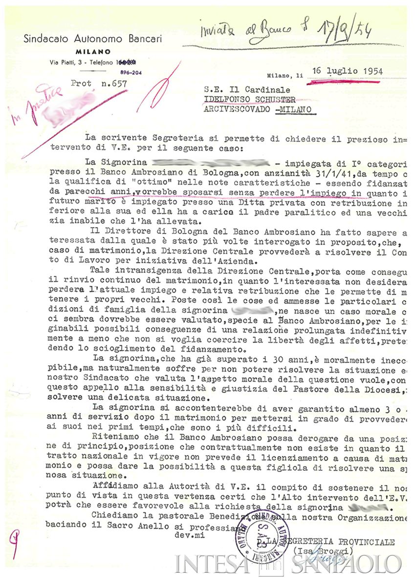 Lettera del Sindacato Autonomi Bancari al Cardinale Ildefonso Schuster, Arcivescovo di Milano, perché intercedesse a tutela di una "signorina" impiegata al Banco Ambrosiano, in procinto di sposarsi, che non voleva lasciare il proprio posto di lavoro, 1954