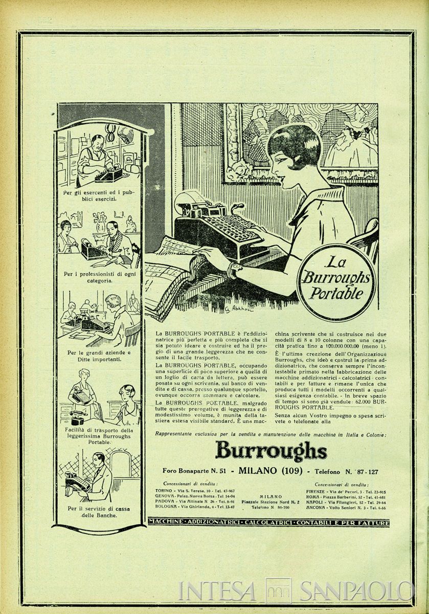 Inserzione pubblicitaria della Burroughs portable, la nuova addizionatrice, tratta dalla Rivista delle Casse di Risparmio, 1927