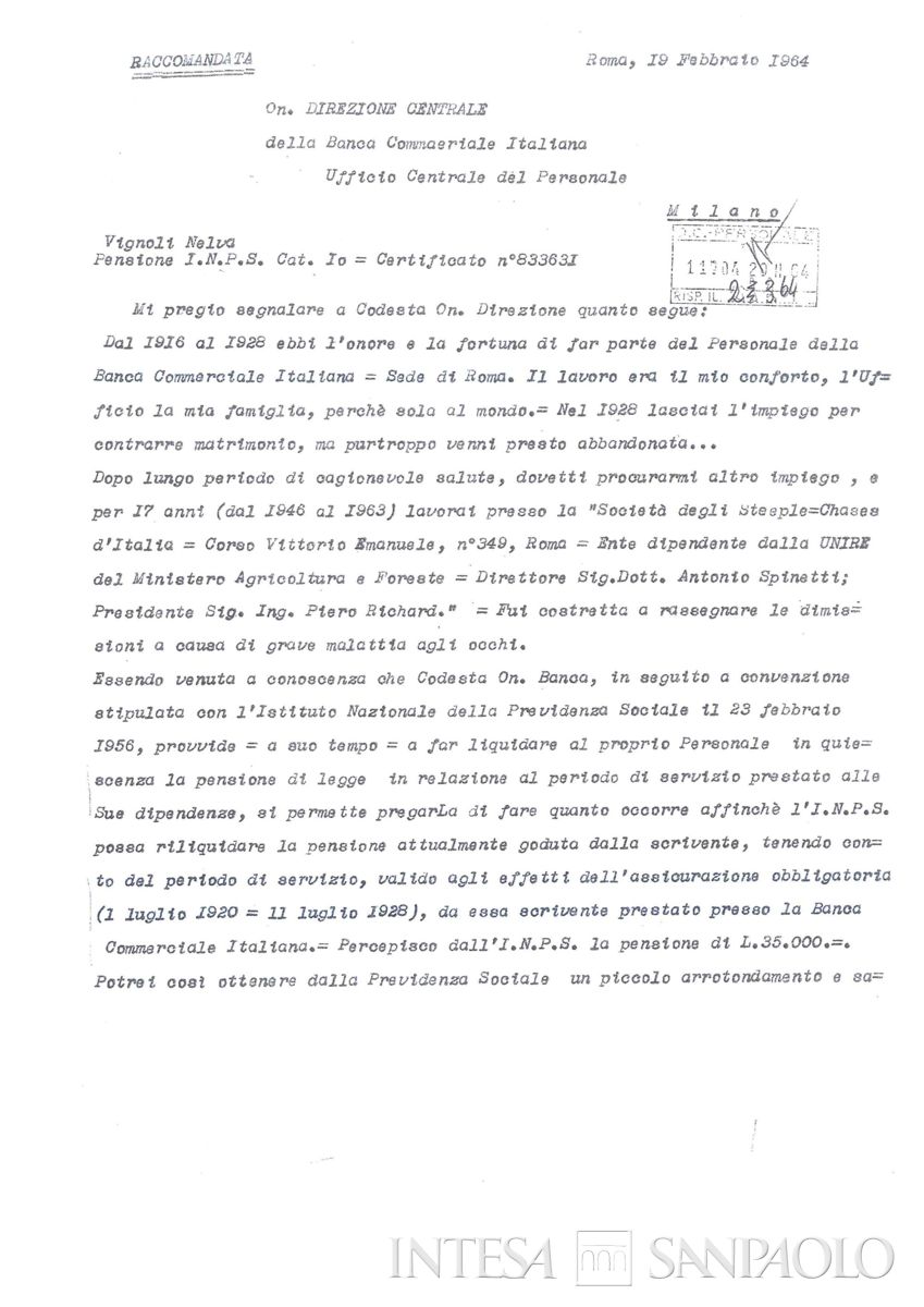 Lettera di Nelva Vignoli alla Direzione della Banca Commerciale Italiana circa la nuova convenzione con l'INPS sulla pensione, 19 febbraio 1964