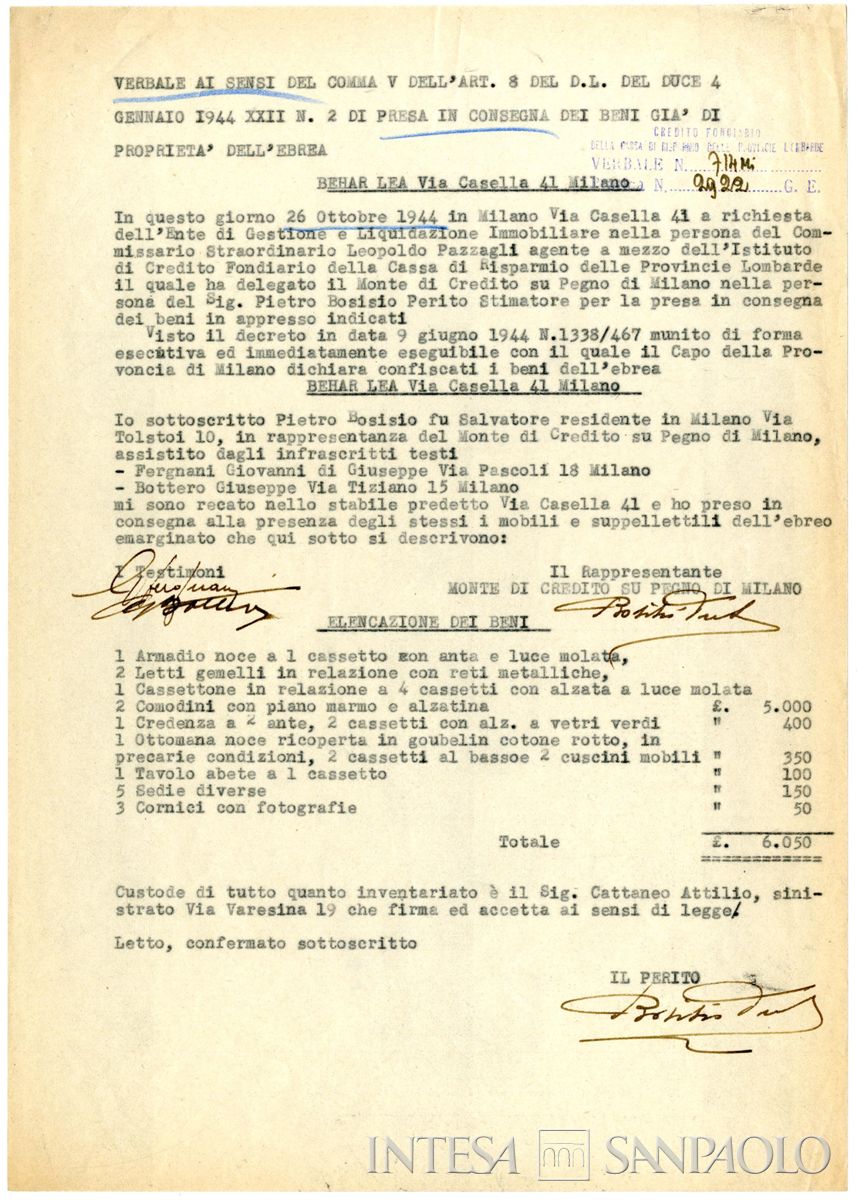 Verbale di confisca dei beni di Lea Behar da parte del Credito fondiario per conto dell'Egeli, 26 ottobre 1944 (Archivio Storico Intesa Sanpaolo, Fondo Egeli)