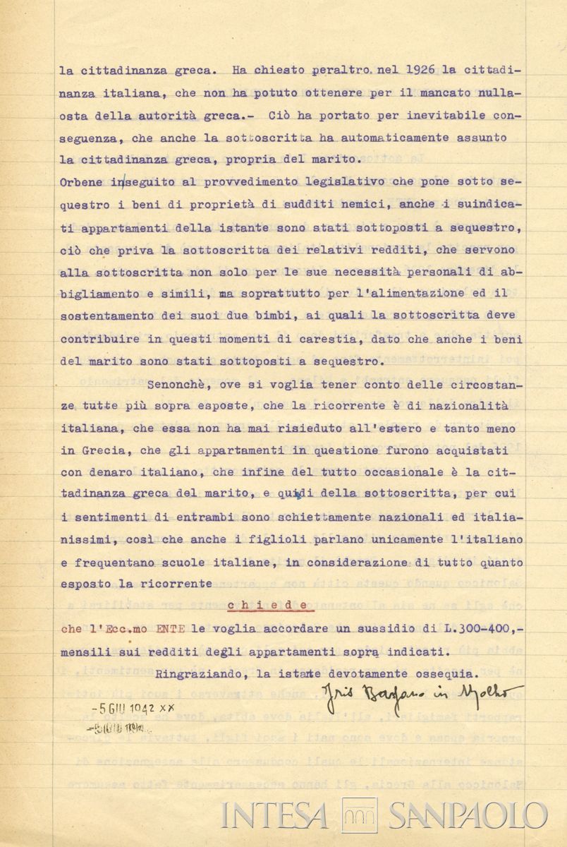 Esposto di Iris Bassano in Molho all'Egeli relativo alle particolari condizioni della sua cittadinanza greca, 5 giugno 1942 (Archivio Storico Intesa Sanpaolo, Fondo Egeli)