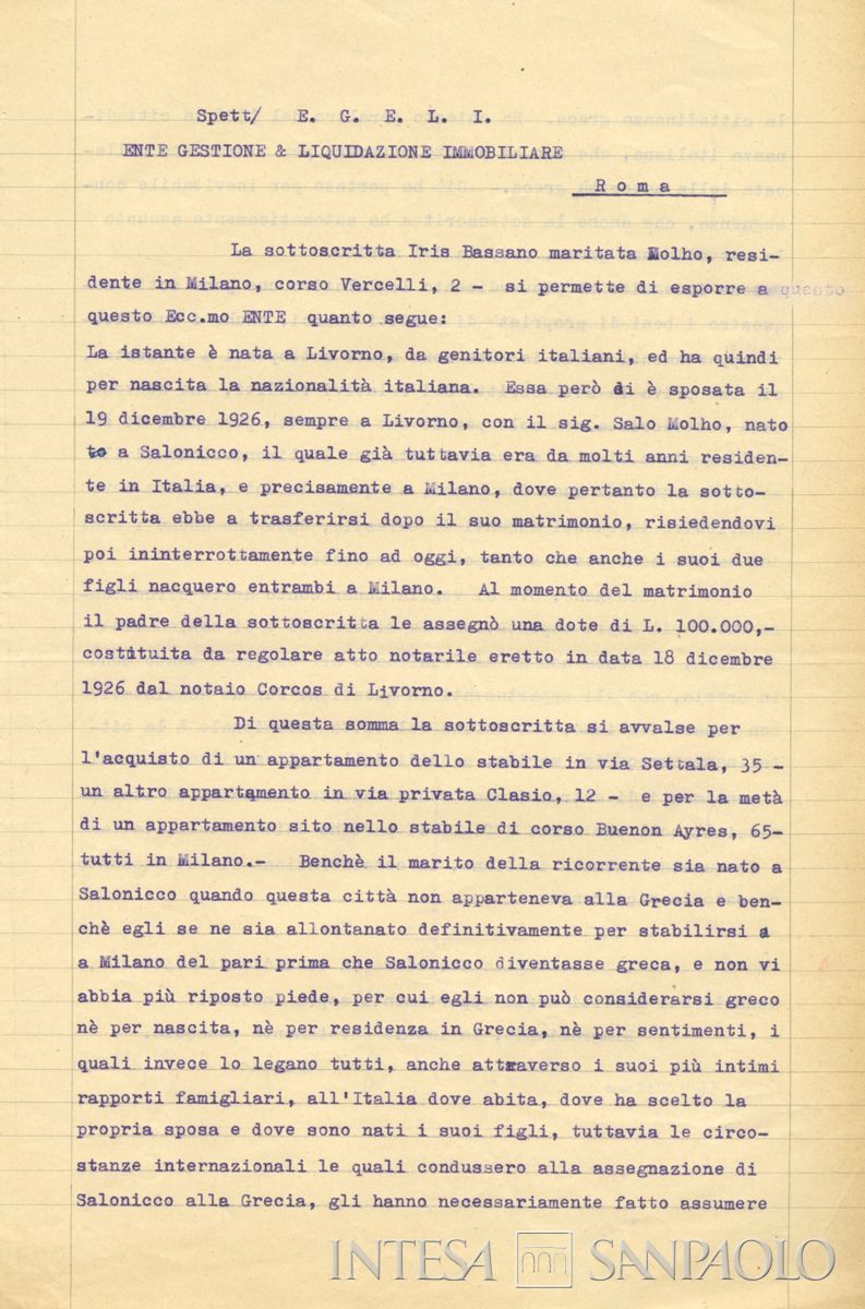 Esposto di Iris Bassano in Molho all'Egeli relativo alle particolari condizioni della sua cittadinanza greca, 5 giugno 1942 (Archivio Storico Intesa Sanpaolo, Fondo Egeli)