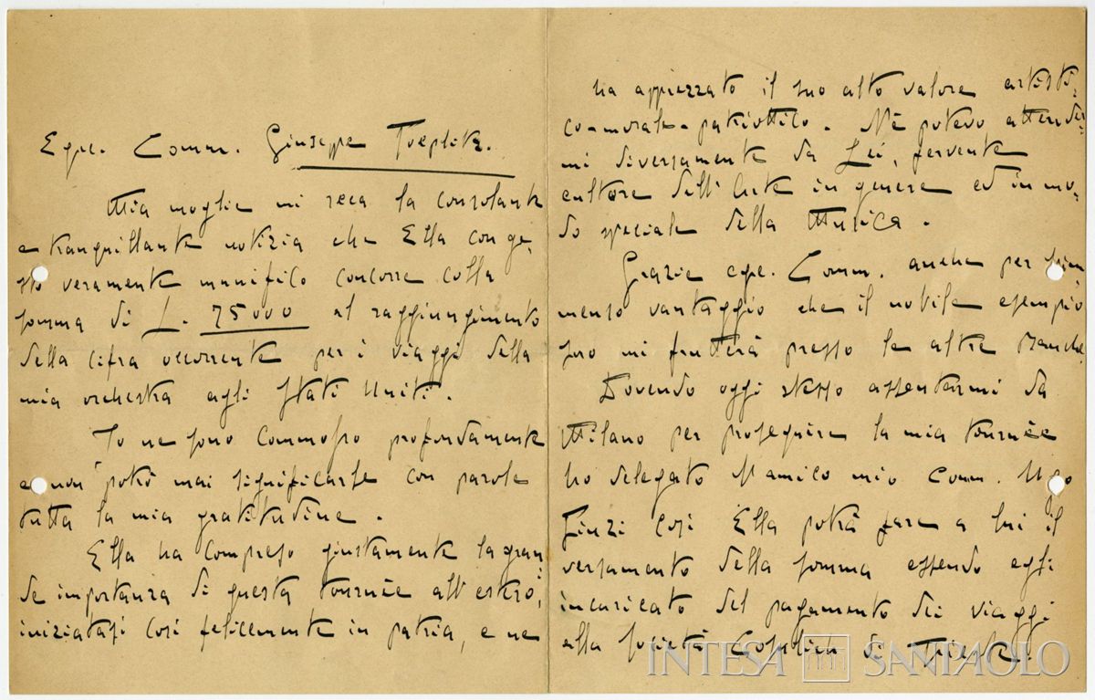 Lettera di Arturo Toscanini all'allora amministratore delegato della Comit Giuseppe Toeplitz, 16 maggio 1920