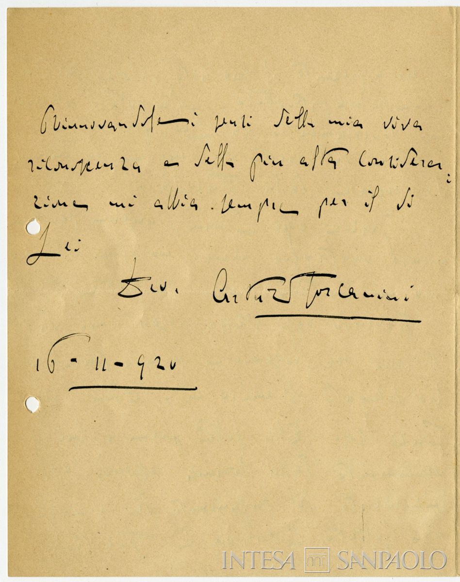 Lettera di Arturo Toscanini all'allora amministratore delegato della Comit Giuseppe Toeplitz, 16 maggio 1920