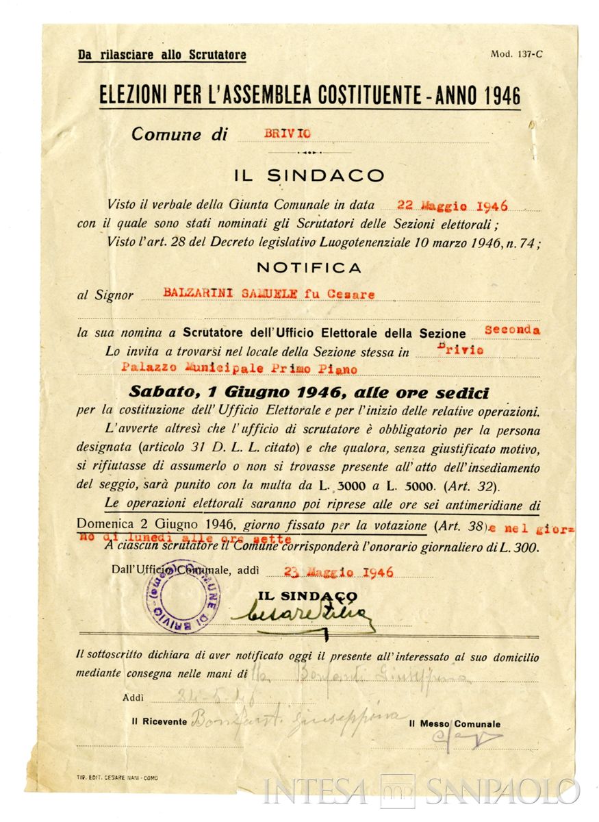Biglietto di nomina a scrutatore per l'elezione dell'Assemblea Costituente (patrimonio Cariplo)