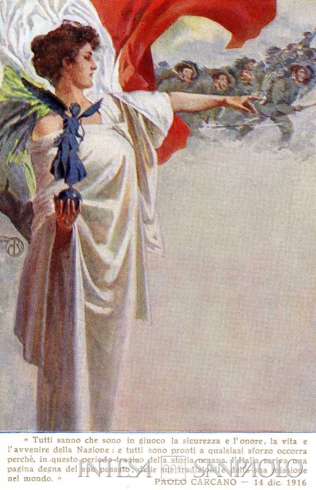 Cartolina di guerra raffigurante l'Italia che impugna la Vittoria, 1916