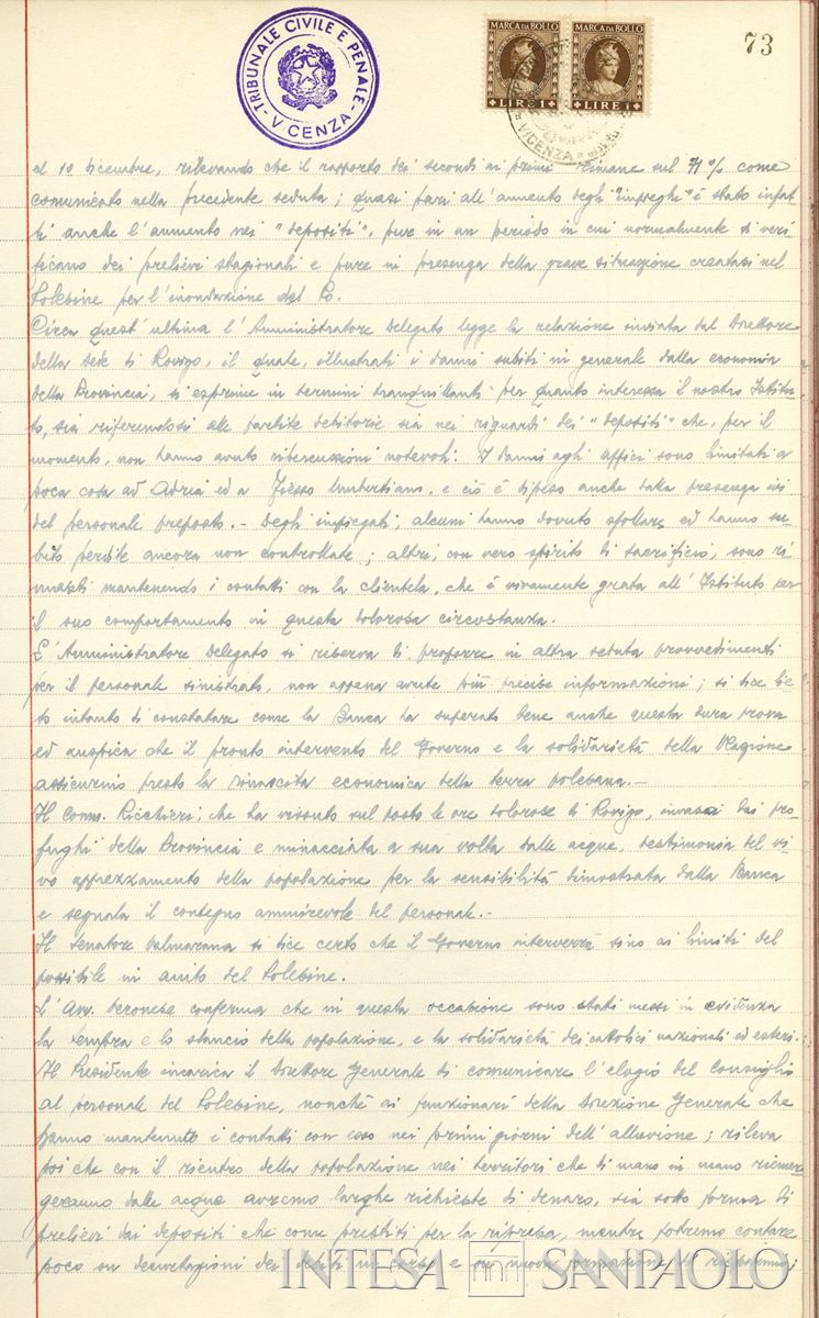 Verbale del Consiglio di Amministrazione della Banca Cattolica del Veneto del 15 dicembre 1951 nelle quali si accenna alla situazione delle filiali del Polesine dopo l'alluvione, 1951