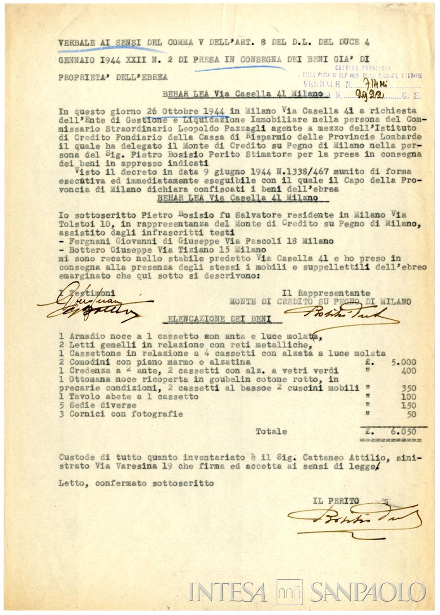 Verbale di presa in consegna dei beni di Lea Behar, 26 ottobre 1944