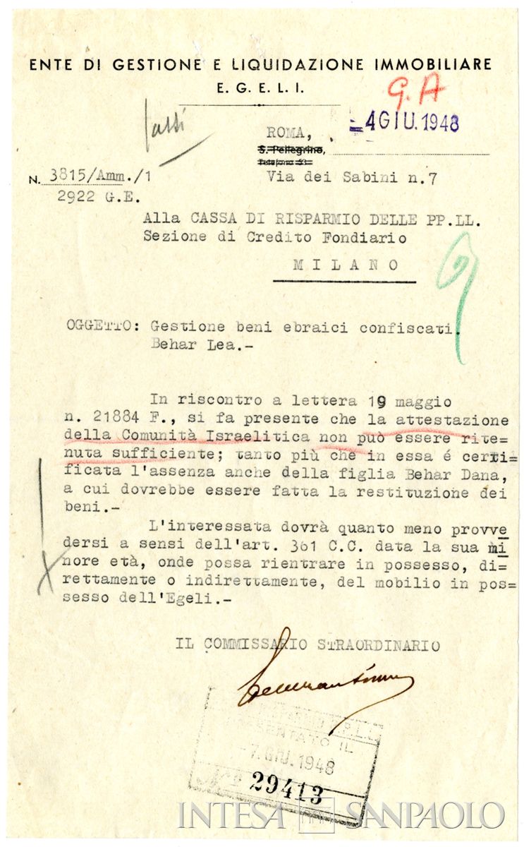 Lettera dell'EGELI relativa alla mancata riconsegna dei beni di Lea Behar, 4 giugno 1948
