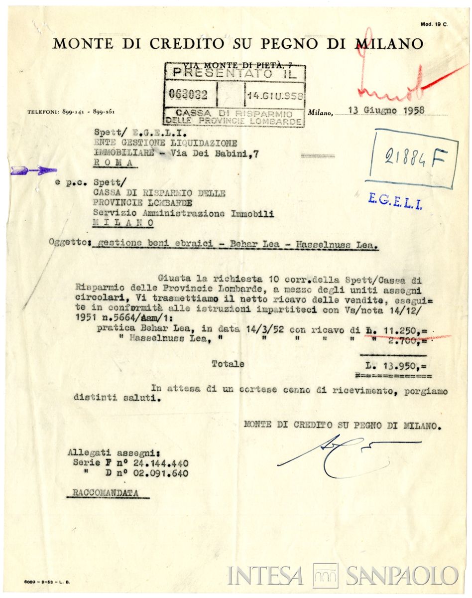 Lettera del Monte di Credito su pegno con comunicazione del ricavo derivante dalla vendita all'asta dei beni di Lea Behar e di Lea Hasselnuss, 13 giugno 1958