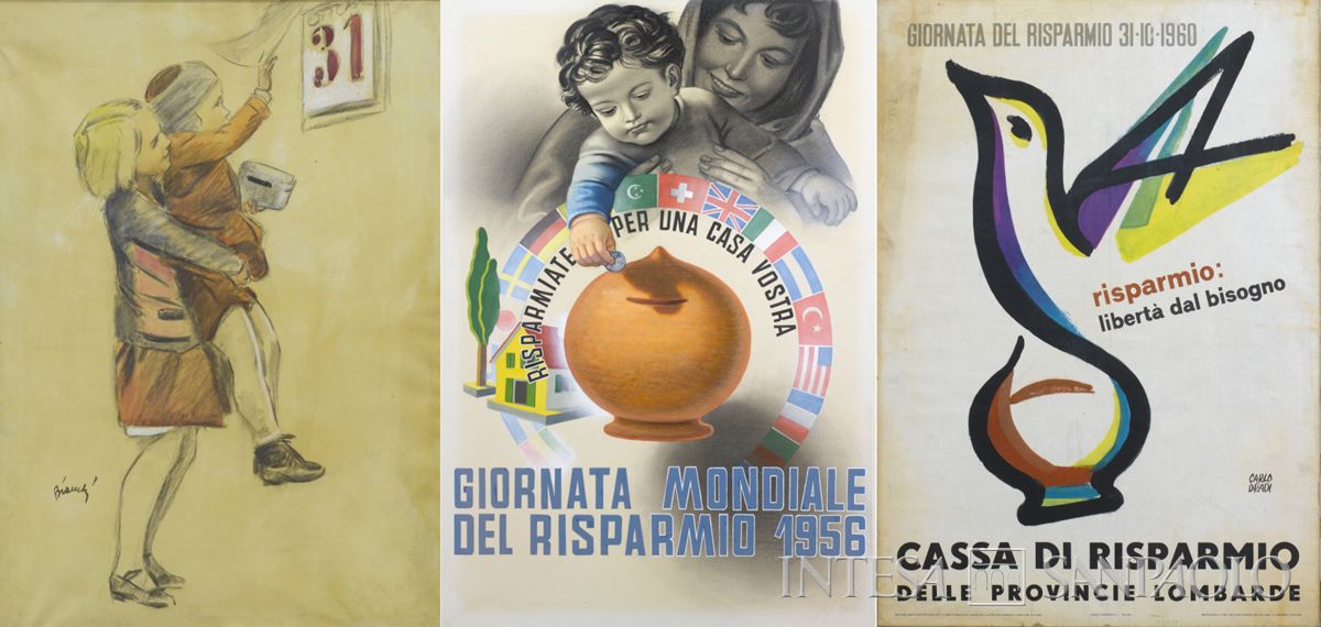 Materiale di propaganda della Giornata Mondiale del Risparmio: bozzetto di Alberto Bianchi, 1930; manifesto di autore non identificato, 1956; manifesto di Carlo Dradi, 1960