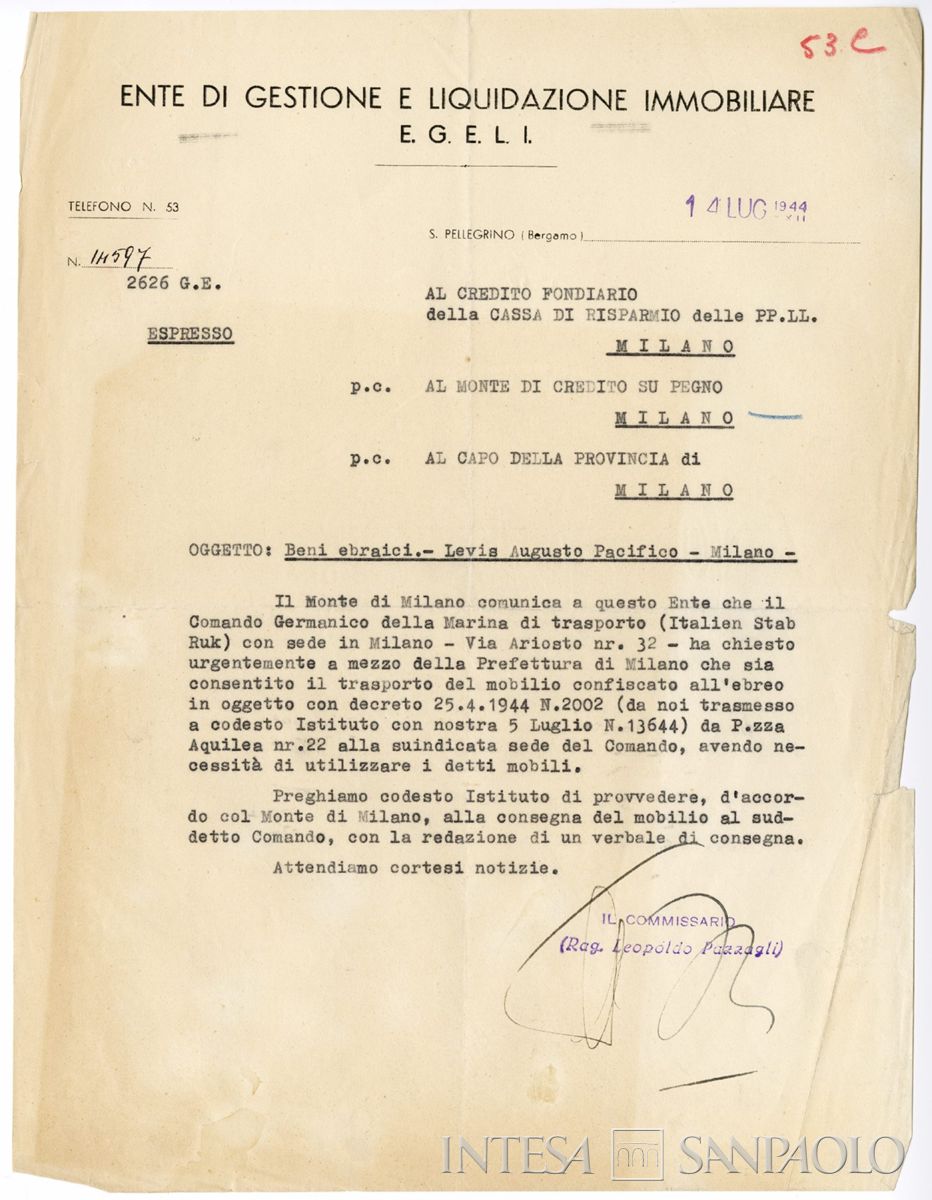 Lettera dell'Egeli al Credito Fondiario della Cariplo per il trasferimento del mobilio appartenuto ad Augusto Levis al Comando Germanico per la Marina di trasporto, 14 luglio 1944