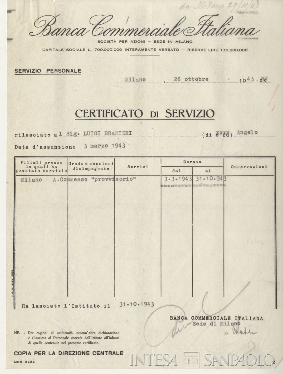 Certificato di servizio di Gino Bramieri presso la Banca Commerciale Italiana, 1943