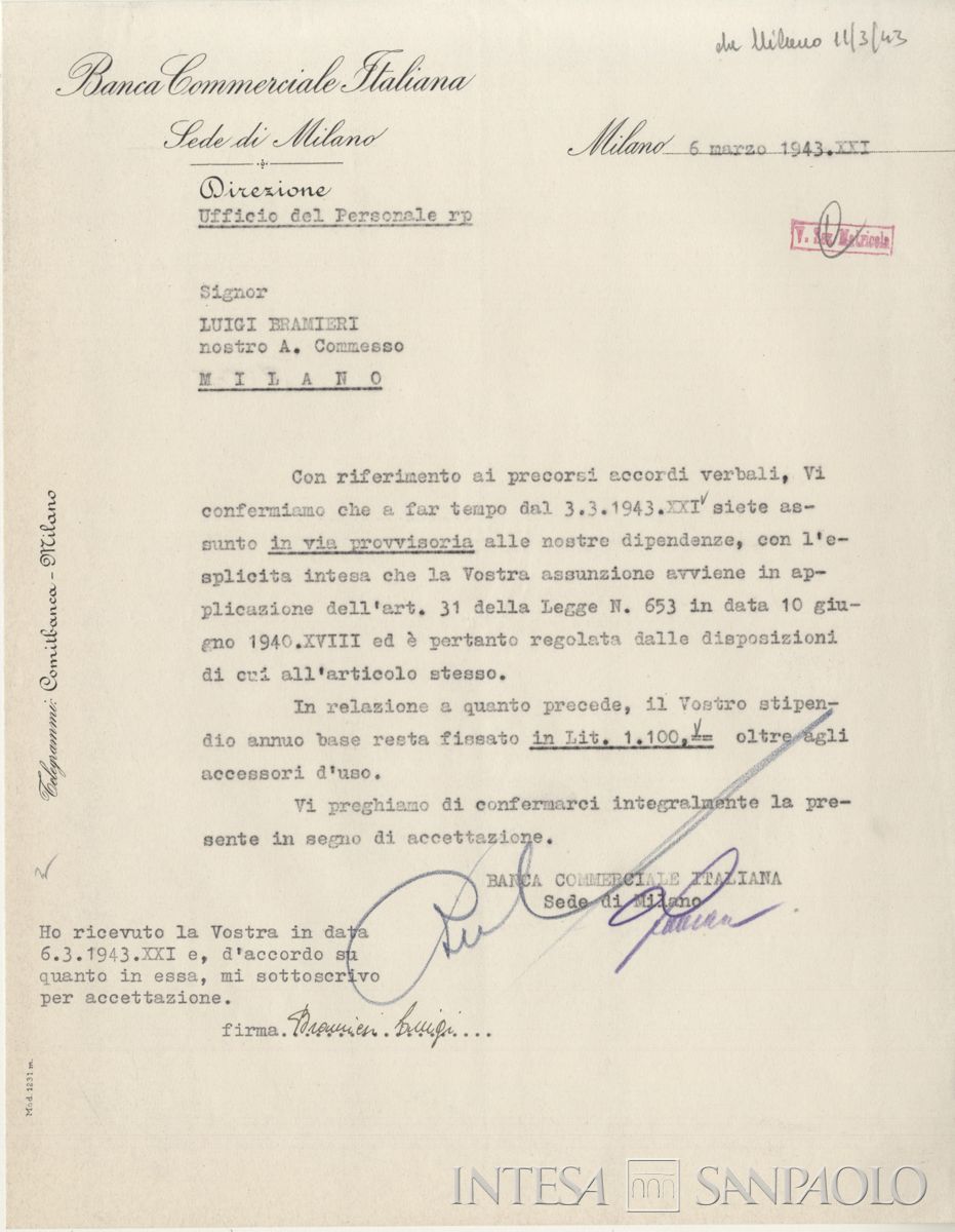Contratto di lavoro con firma autografa, 1943