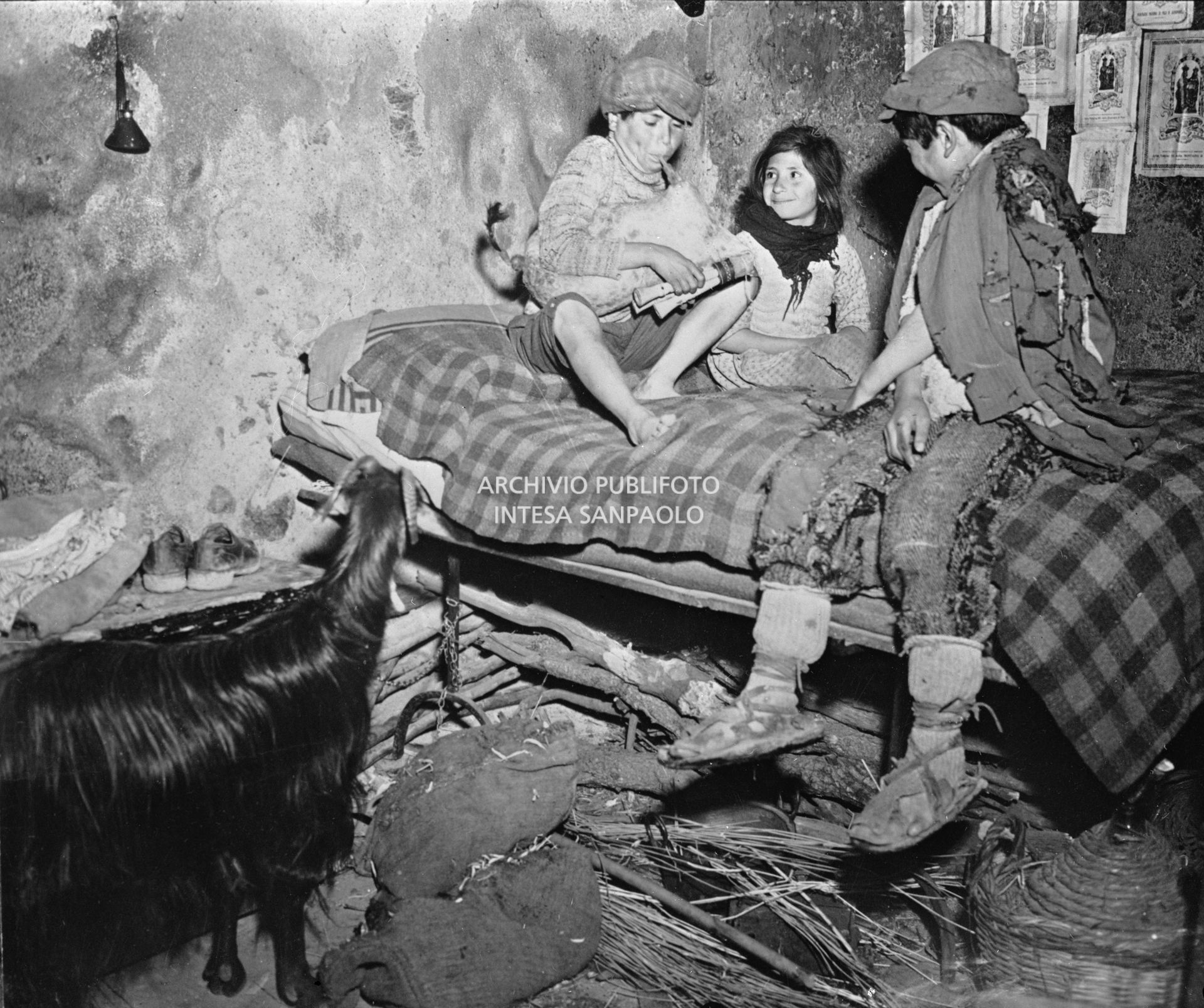 Africo, tre bambini, di cui uno intento a suonare una zampogna, all'interno di casa con una capra