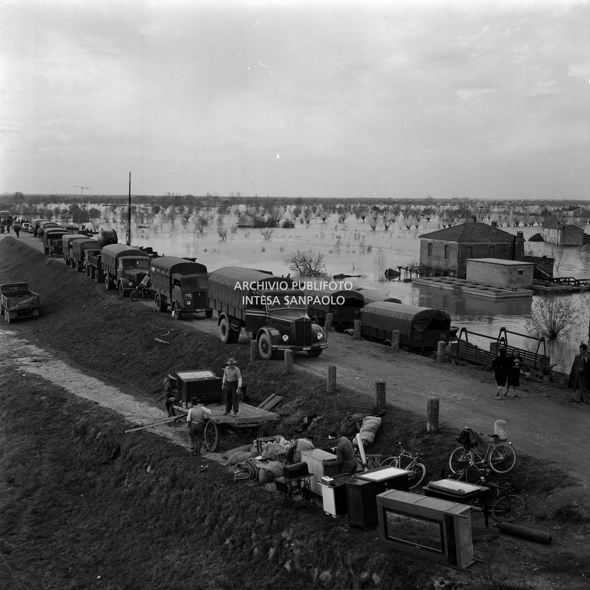Colonna di mezzi di soccorso, nei pressi di Corbola, durante l'alluvione del Polesine