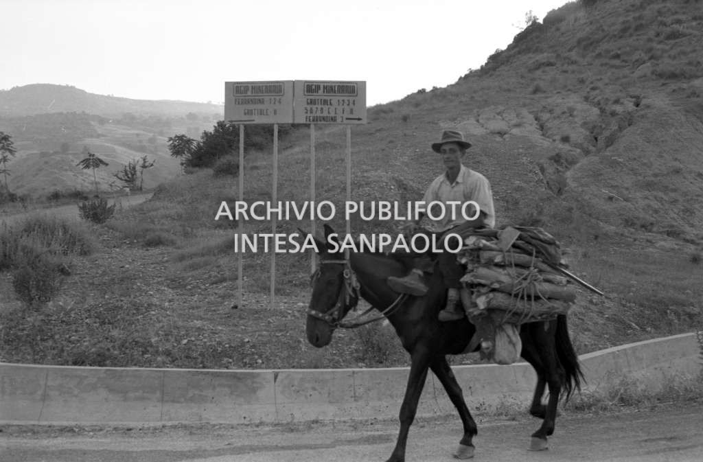 Un uomo a dorso di un asino nei pressi degli impianti petroliferi dell'ENI a Ferrandina (Matera)