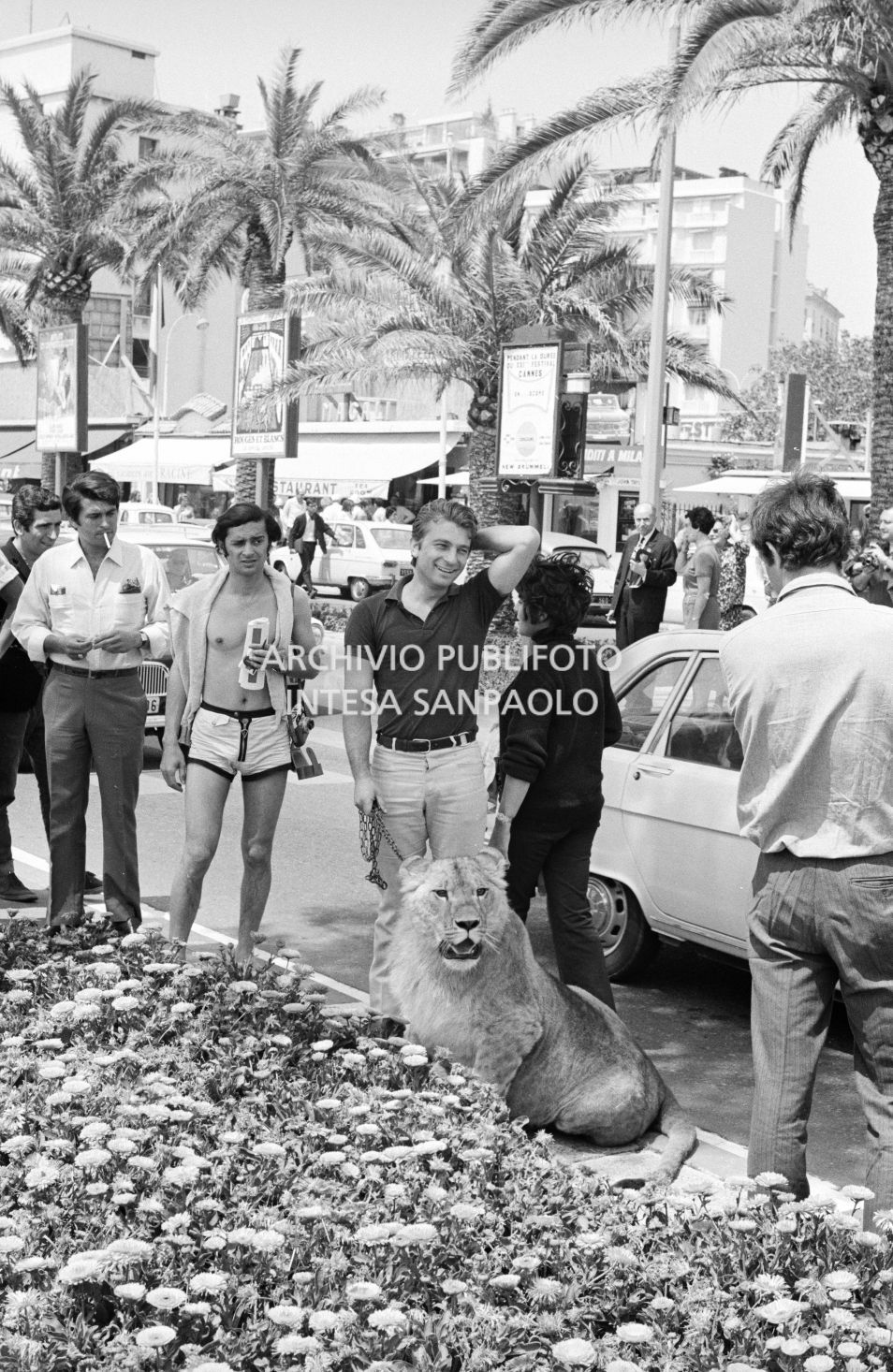 Un uomo in posa con una giovane leonessa alla catena, per le vie di Cannes, tra i passanti incuriositi