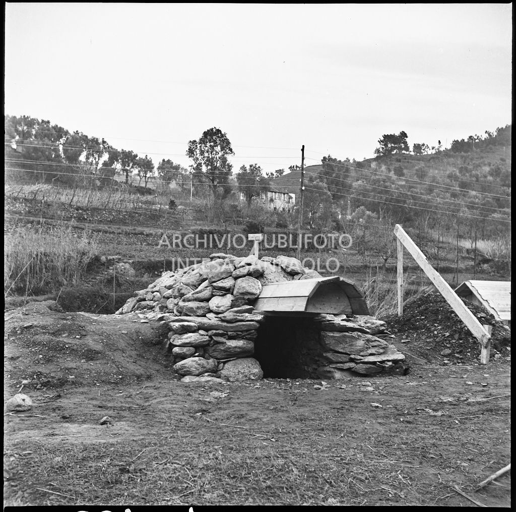 Veduta esterna dell'ingresso di un rifugio antiaereo nei pressi dello stabilimento Belsana<br>26724