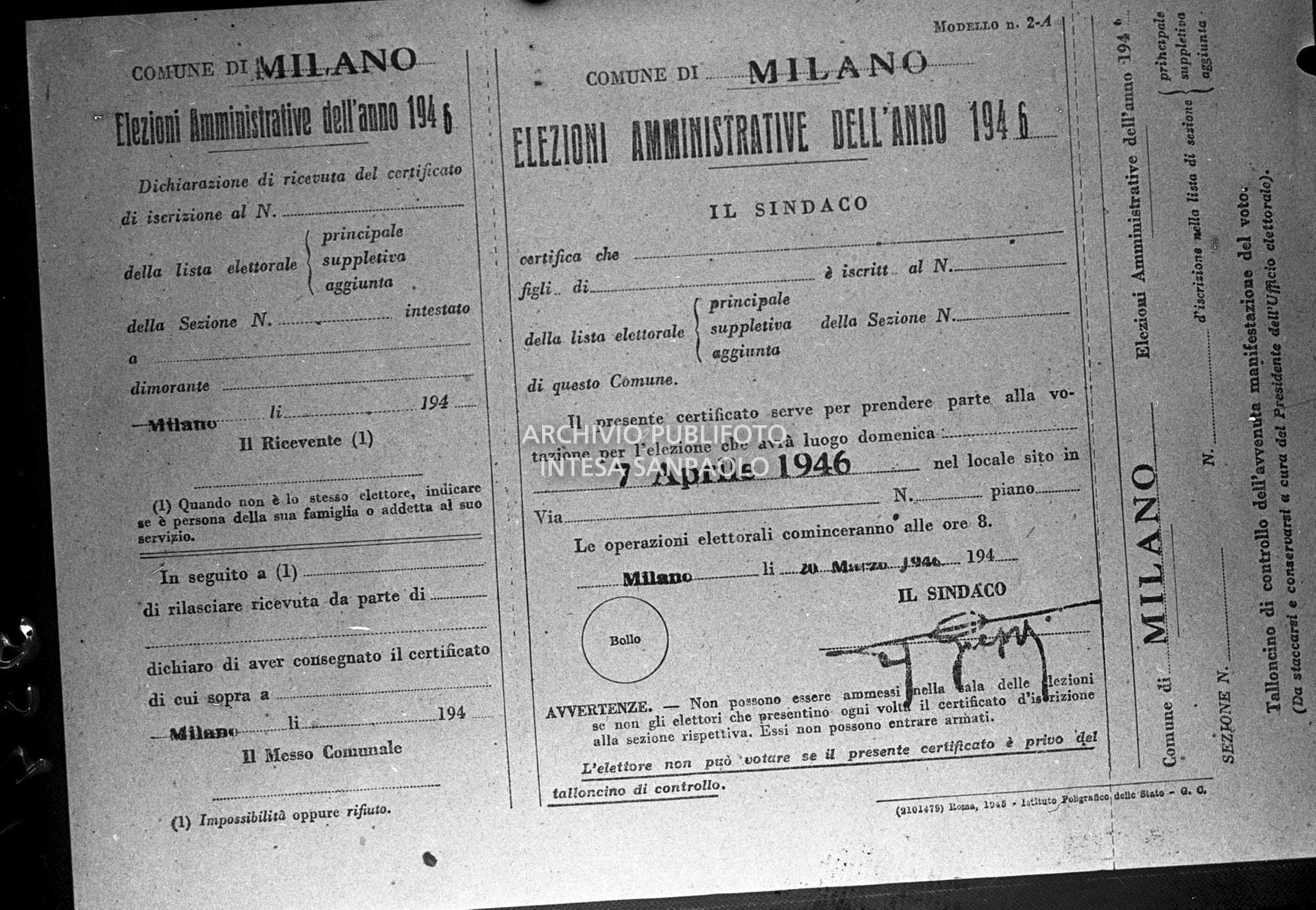 Riproduzione del certificato di iscrizione al seggio elettorale per le elezioni amministrative del 7 aprile 1946