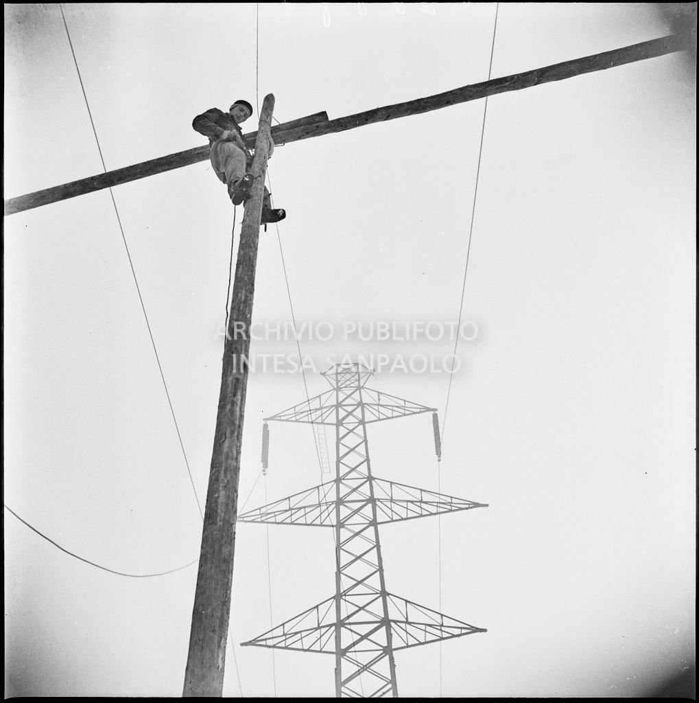 Operaio al lavoro su un palo per l'allacciamento dei cavi elettrici della Edison<br>196175