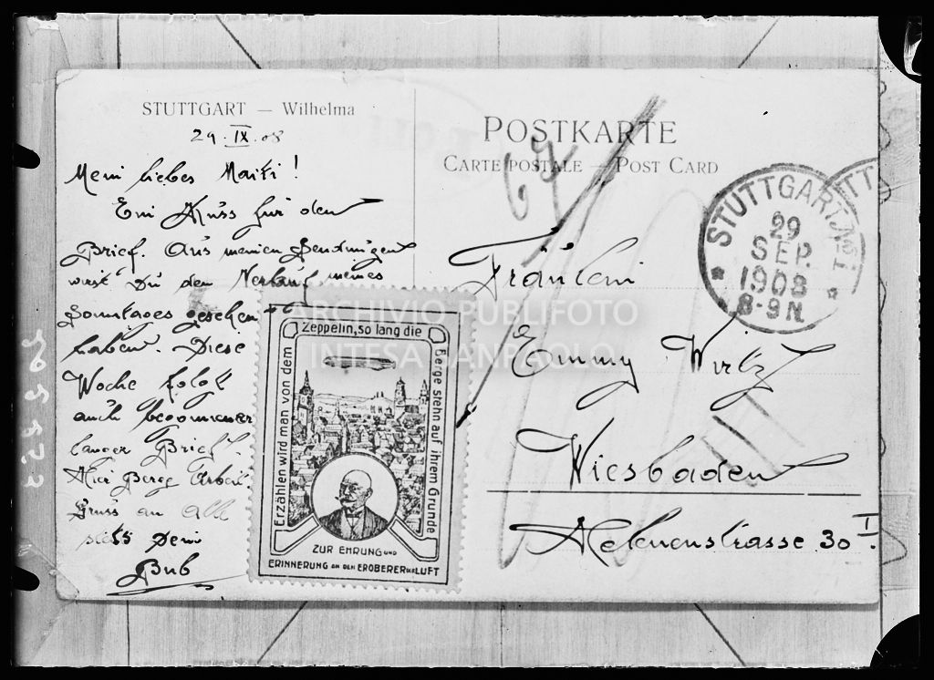 Retro di una cartolina tedesca con il francobollo raffigurante il conte Ferdinand von Zeppelin e timbro postale datato 29 settembre 1908<br>201252