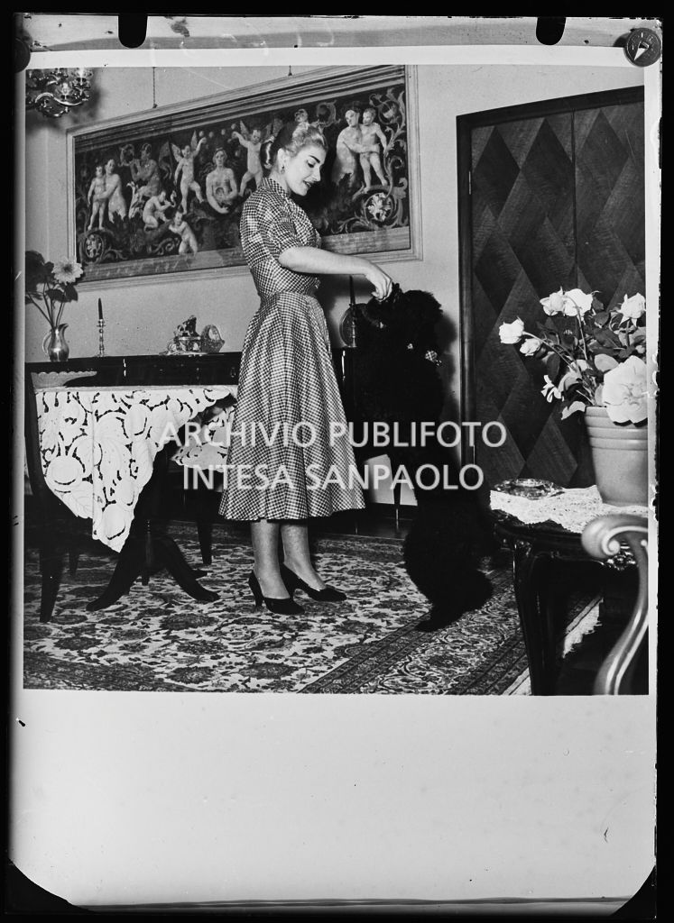 Maria Meneghini Callas ripresa mentre gioca con un cane<br>217039
