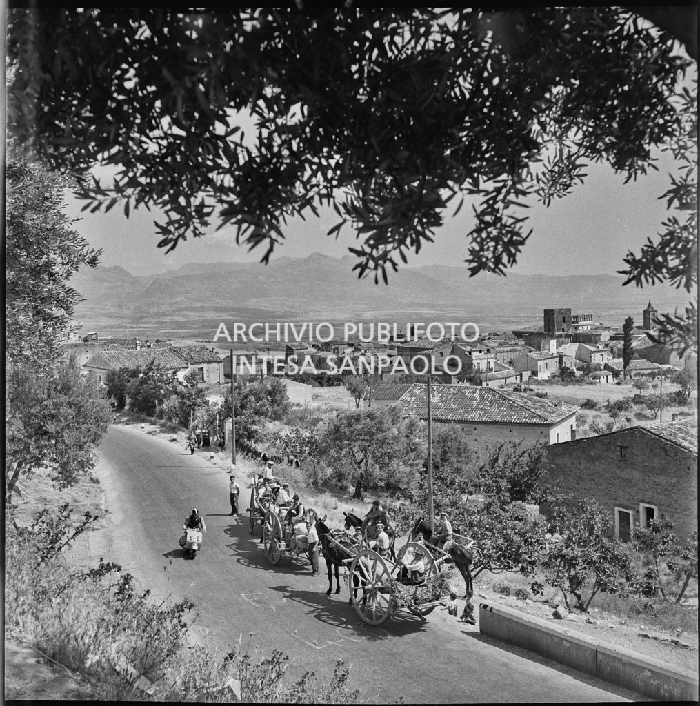 Un concorrente del 2° Giro Vespistico dei Tre Mari incrocia calessi e muli lungo il percorso<br>221647