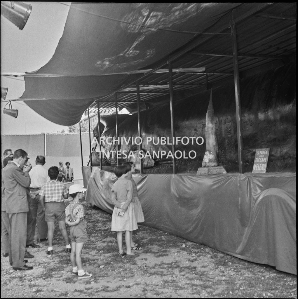 Alcuni curiosi osservano la balena Goliath esposta a Milano nel 1954<br>222901