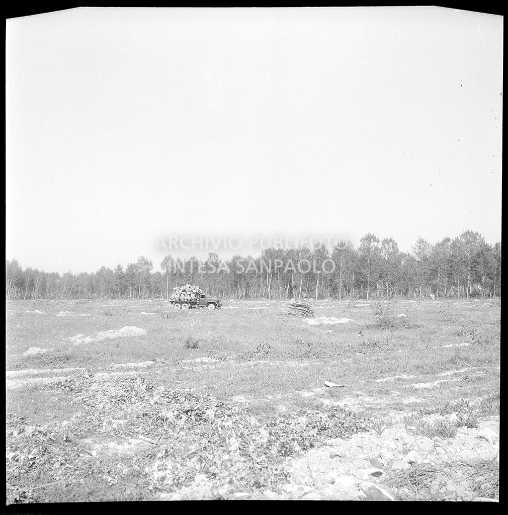 Cantiere per la costruzione del ponte dell'Autostrada del Sole, sul fiume Po, nei pressi di Mortizza<br>383236