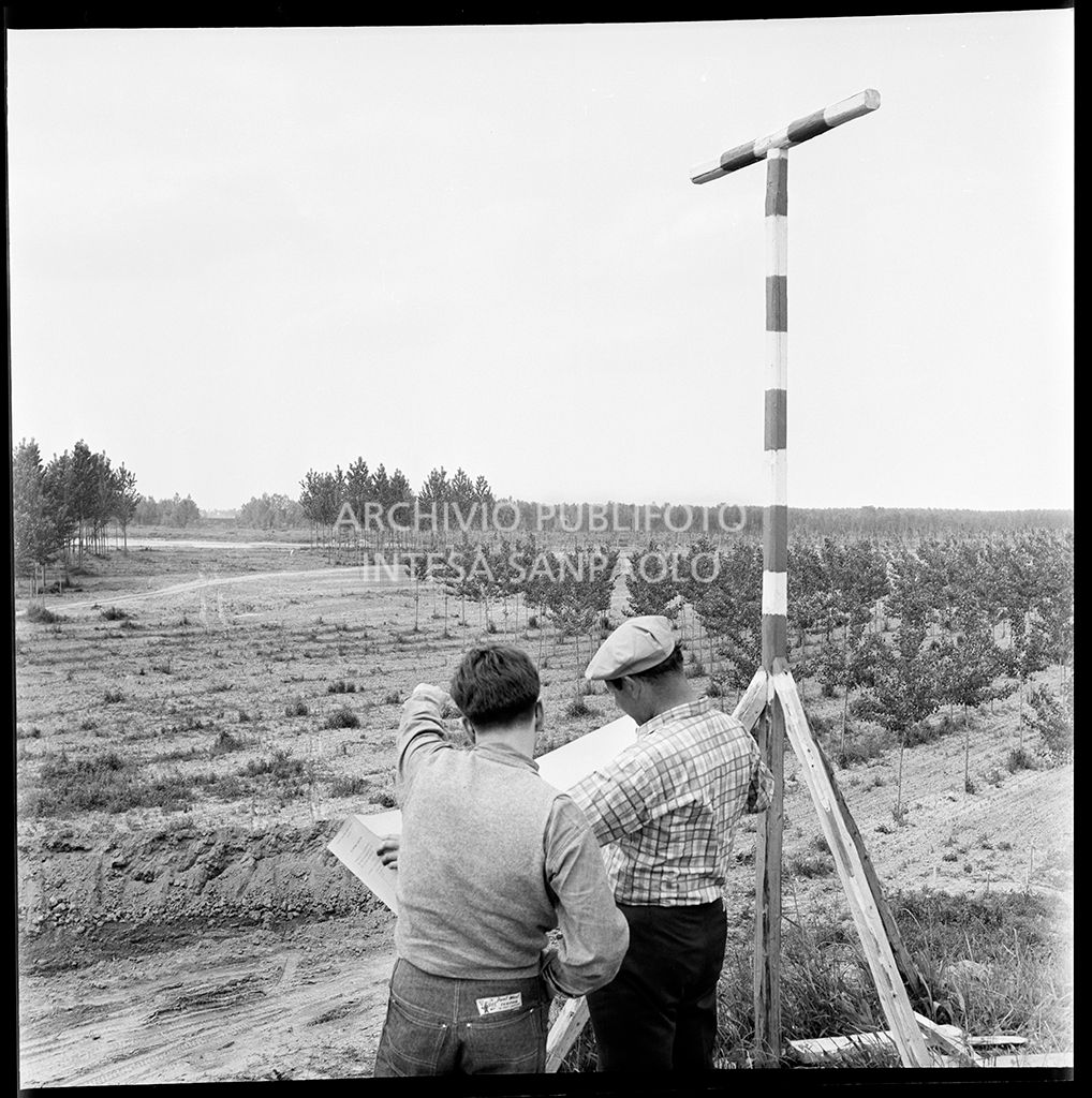 Rilievi nei pressi del cantiere per la costruzione del ponte dell'Autostrada del Sole, sul fiume Po, nei pressi di Mortizza<br>383249