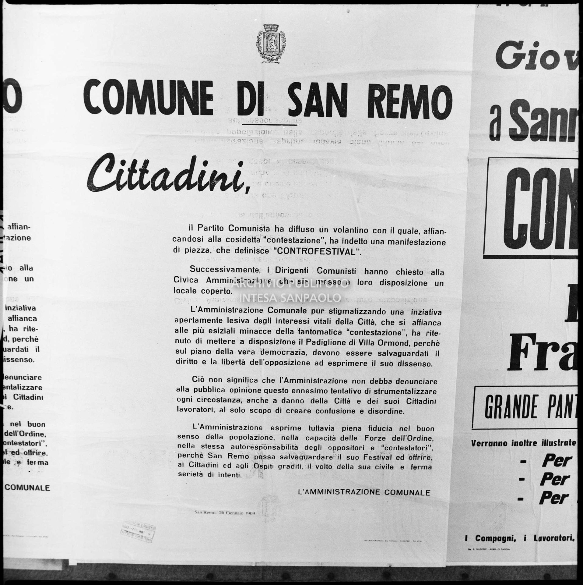 Manifesto del Comune di Sanremo che informa i cittadini sul Controfestival di Dario Fo e Franca Rame del 30 gennaio, in concomitanza con il XIX Festival di Sanremo