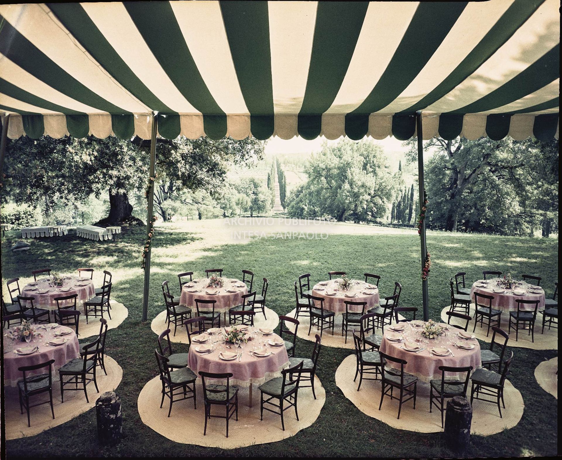 Allestimento per il ricevimento del matrimonio tra Umberto Agnelli e Antonella Bechi Piaggio con tavoli e sedie sotto ad un tendone nel giardino. Sullo sfondo è visibile il viale alberato che conduce alla villa<br>2265