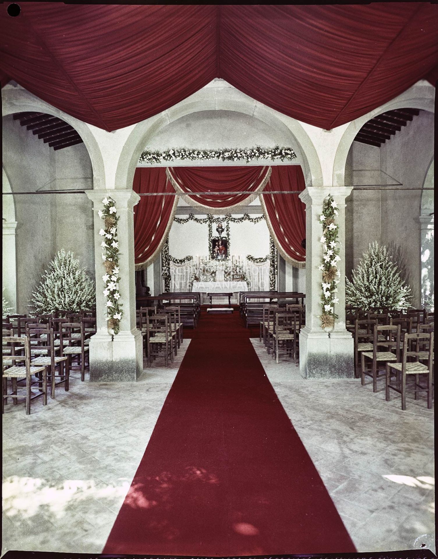 Cappella decorata con fiori, drappi e tappeto rosso in occasione del matrimonio tra Umberto Agnelli e Antonella Bechi Piaggio<br>2271