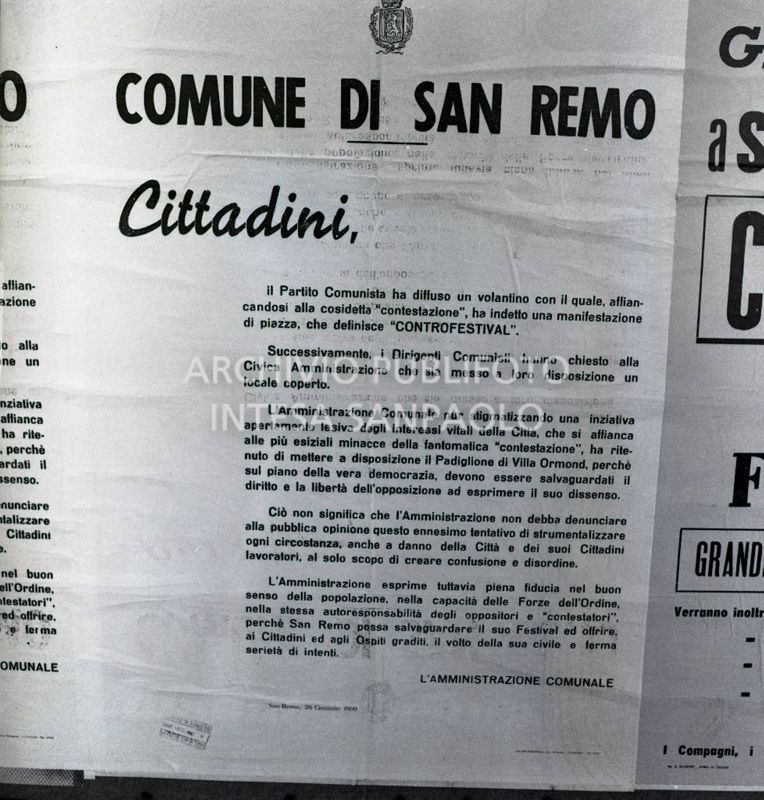 Manifesto del Comune di Sanremo che informa i cittadini sul Controfestival<br>730556/394