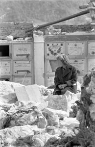 Disastro del Vajont: una donna seduta nel cimitero di Pirago di Longarone