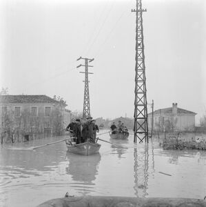 Due barche a remi, cariche di uomini, durante l'alluvione nelle campagne del Polesine
