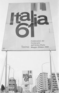 Sul manifesto: "Italia 61 Torino. Celebrazioni del Centenario dell'Unità d'Italia maggio-ottobre 1961".