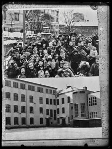 Gruppo di bambini e l'esterno di un edificio scolastico a Copenaghen