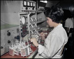 Visibile la scritta Emerson sul camice indossato dall'operaia<br>